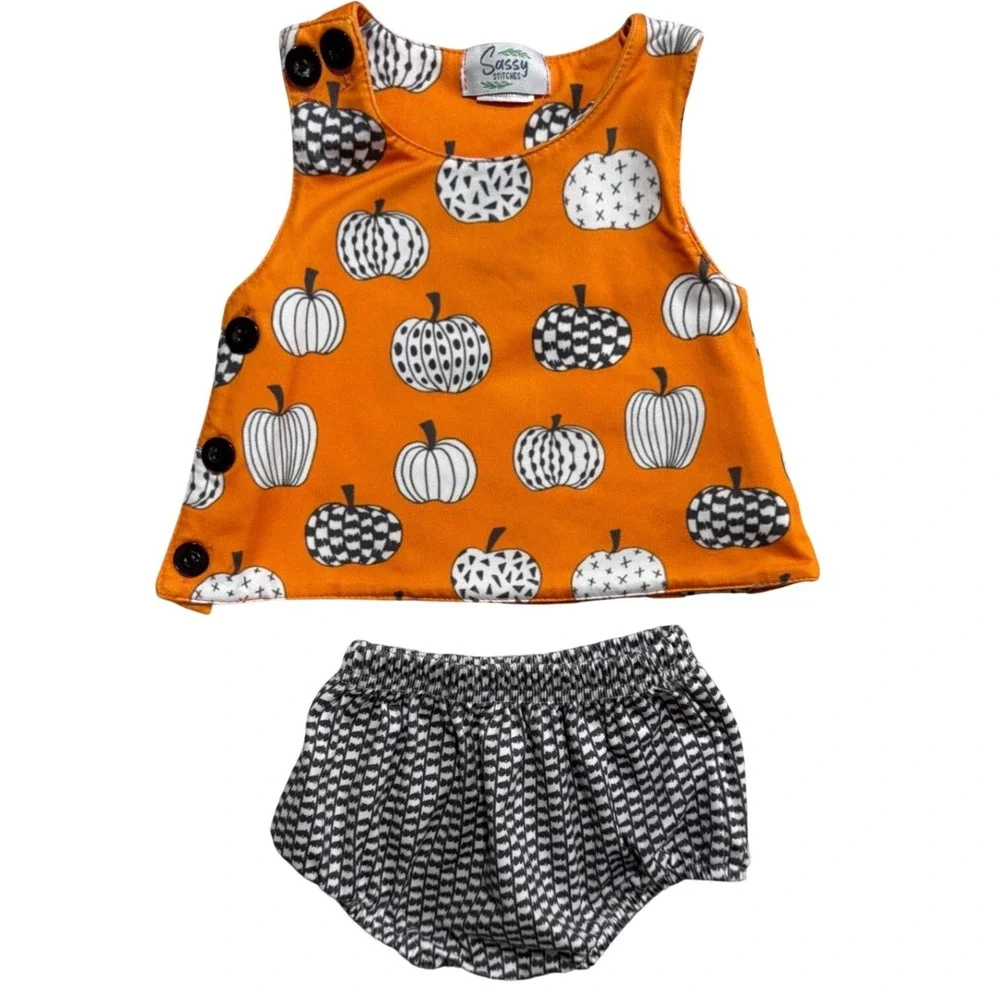 Sassy Stitches Pumpkin Apron Diaper Set Boutique Fall Halloween Orange Black 3/6